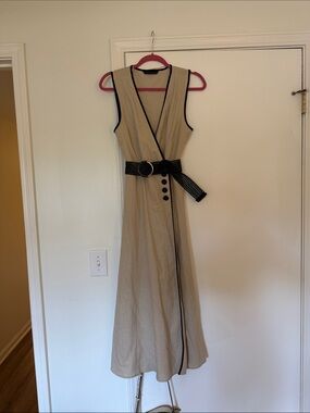 Zara Beige Midi Wrap Dress with Black Trim and Belt